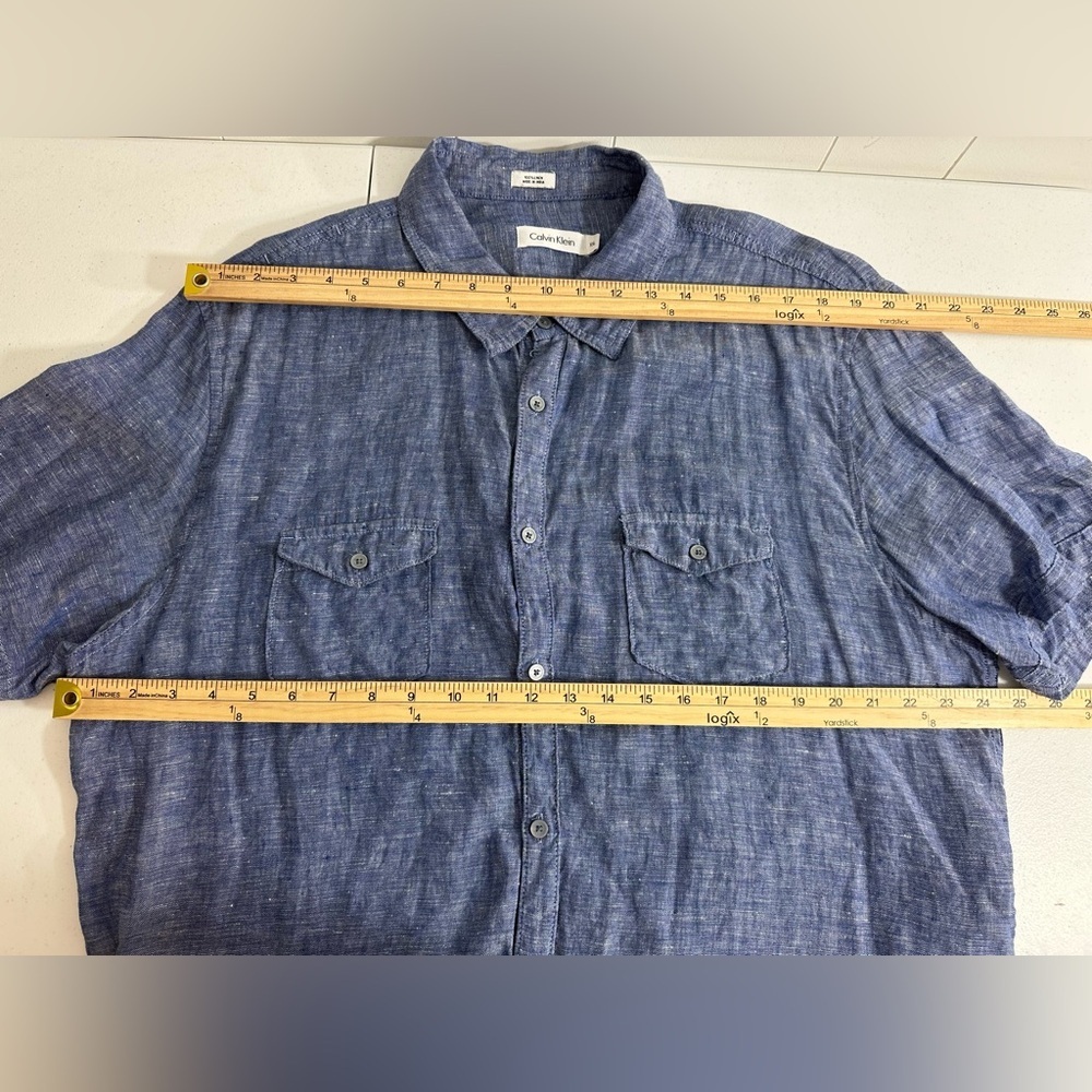 Calvin Klein Mens XXL 100% Linen Shirt Short Sleeve Button Up Blue Lightweight - Picture 9 of 11